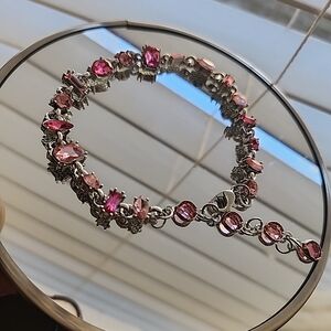 Elegant Pink Candy Crystals Gemstone Bracelet In Rhodium Plating